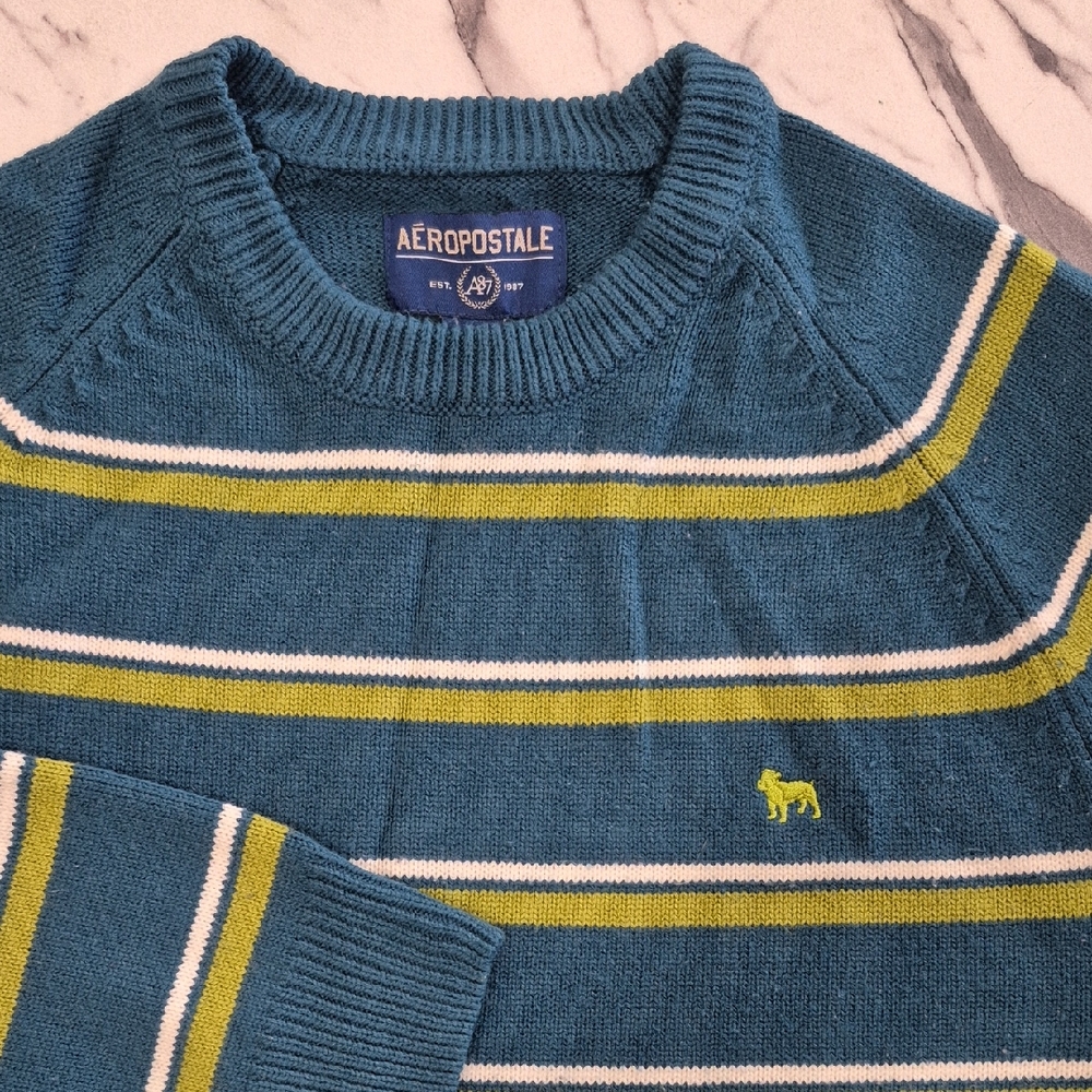 Aeropostale Striped Acrylic Crewneck Sweater, Mens Size M Teal Green